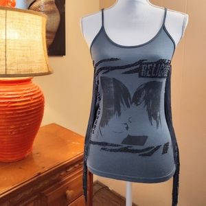 RELIGION Boutique Gray Black Beaded Fringe Rocker Kiss Festival Tank Top S